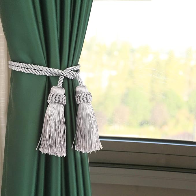Fenghuangwu Curtain Tiebacks Handmade Decorative Curtain Holdbacks Rope with Tassel (Silver, 2P)