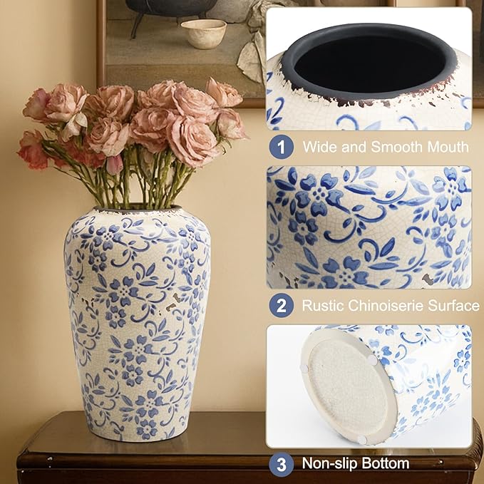 BEAHOT 8.6 Inch Chinoiserie Ceramic Vase – Blue and White Tall Vintage Flower Vase, Large Retro Chinoiserie Cracked Porcelain Decor for Living Room Centerpieces, Bookshelf, Grand Millennial Decor