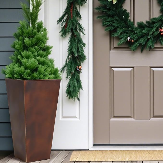 Worth Garden 12" Dia x 28" H Large Metal Planter Set of 2, Matte Bronze Retro Finish Tall Square Tapered Steel Plant Pots, Decor Flower Pots Indoor & Outdoor, Drainage Hole & Dual-Purpose Plant Saucer