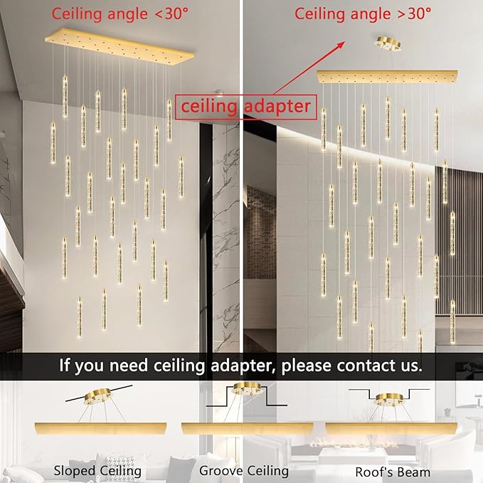 Rectangular Chandeliers 26-Lights Long Light for Entryway LED Dimmable Chandeliers Lighting Fixture Flat Sloped High Ceiling Pendant Lights Crystal for Living Room Foyer Hallway Staircase Gold