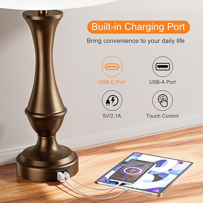 Upgraded Touch Lamps for Night Stands Set of 2 - Bedside Lamps with USB C+A, 3 Way Dimmable for Bedroom Living Room End Tables Office (White&Brown)