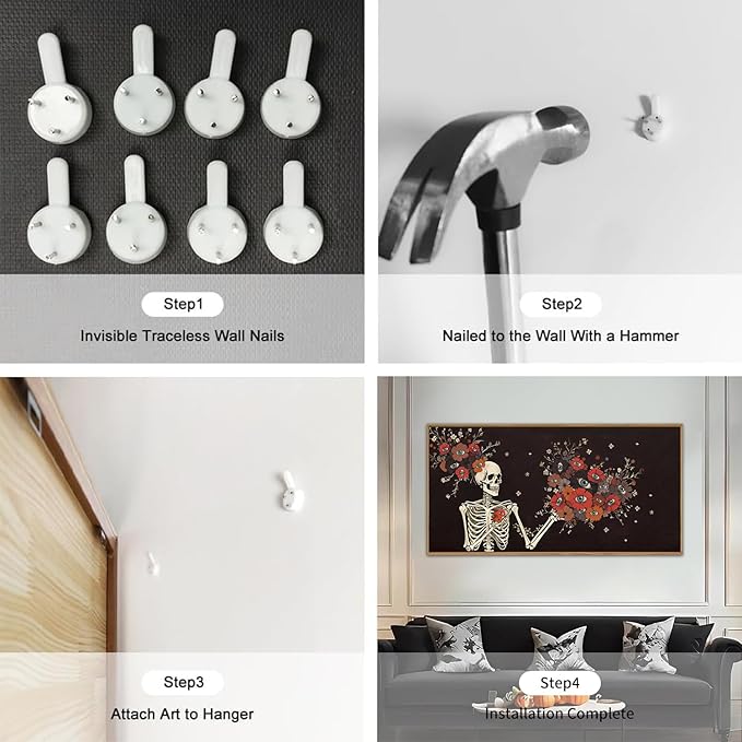 KAIRNE Halloween Skeleton Wall Art,Gothic Skull Canvas Set of 1(40”x20”),Romantic Spooky Floral Botanical Print,Scary Skull Painting,Horror Halloween Wall Art for Living Room Bedroom Goth Party Decor