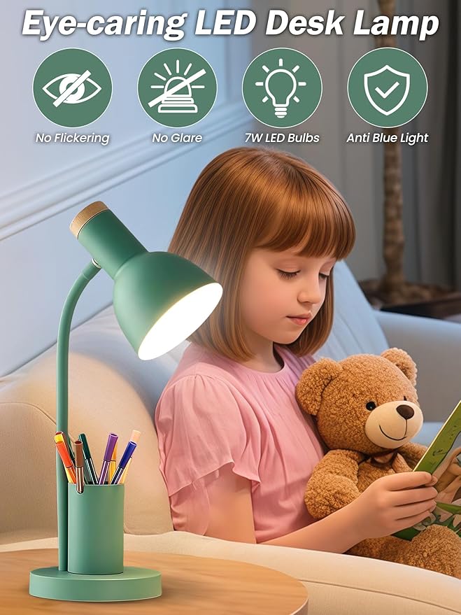 LED Desk Lamp with Pen Holder, Eye-Caring Desk Light 3 Color Modes Reading Light Flexible Gooseneck Metal Study Lamp, Cute Table Lamps for Home Office Bedside Dorm (Green Lamp)