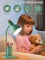 LED Desk Lamp with Pen Holder, Eye-Caring Desk Light 3 Color Modes Reading Light Flexible Gooseneck Metal Study Lamp, Cute Table Lamps for Home Office Bedside Dorm (Green Lamp)