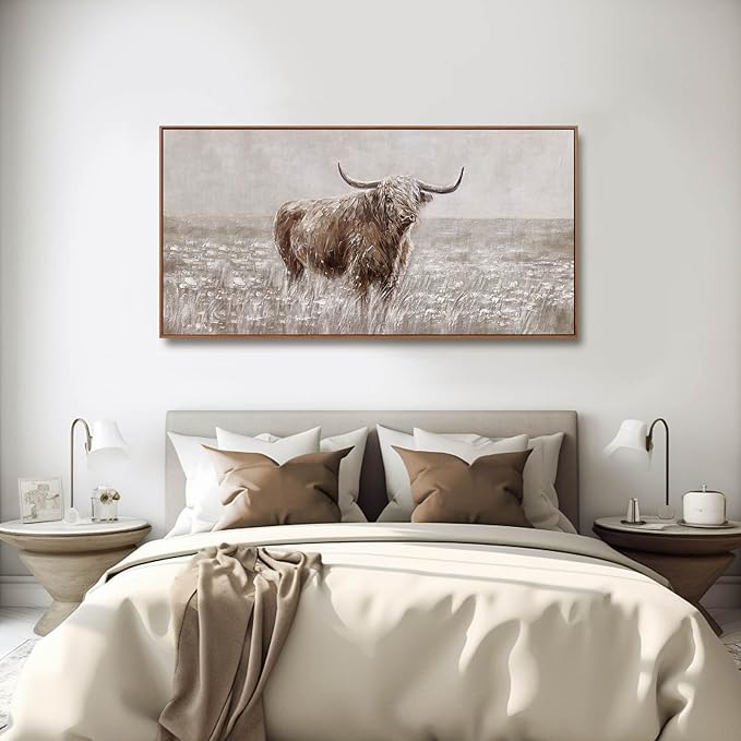MLART99 Vintage Brown Highland Cow Painting Farmhouse Wall Art with Frame Country Decor Animal Poster for Living Room Bedroom Decor Ready to Hang 24x48