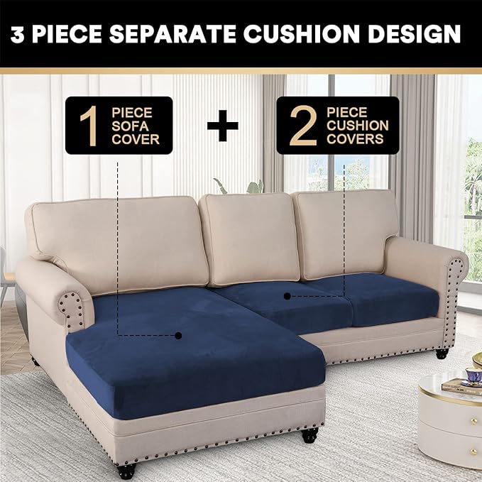 PrinceDeco Sectional Couch Covers 3 Pieces Velvet Sofa Covers L Shape Soft Couch Covers for Sectional Sofa Corner Sofa Cover Couch Cover for Dogs Washable (2 Seater + 1 Chaise,Navy)