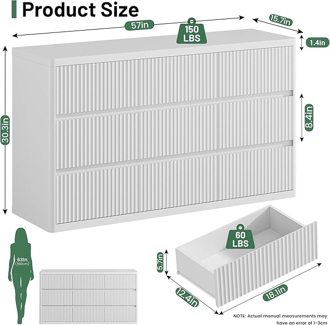 White 6 Drawers Double Dresser, Fluted Dresser for Bedroom, Modern Chest of Drawers with Handleless, Curved Profile Dressers TV Stand, Wood Storage Organizer for Living Room, Hallway