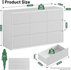 White 6 Drawers Double Dresser, Fluted Dresser for Bedroom, Modern Chest of Drawers with Handleless, Curved Profile Dressers TV Stand, Wood Storage Organizer for Living Room, Hallway