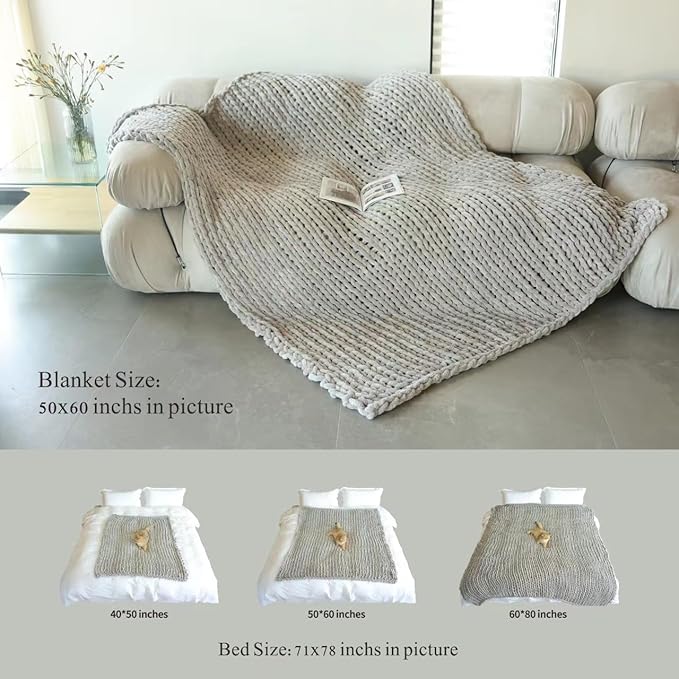 Maetoow Tighter Version Chenille Chunky Knit Blanket Throw （50×60 Inch）, Handmade Warm & Cozy Blanket Couch, Bed, Home Decor, Soft Fleece Banket, Boho Thick Blankets and Giant Yarn Throws，Brown