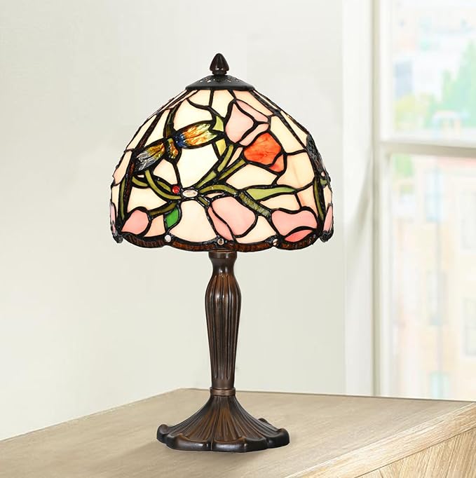 TL0009 Tiffany Lamp Tulip Design Stained Glass Table Lamp 8" D x 14.25" H for Living Room Bedroom Bedside Nightstand Home Office, lED Bulb Included (Tulip)