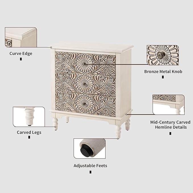 HOMPUS Nightstands Set of 2, White Nightstand with 3 Storage Drawers, Night Stand w Flower Pattern, Bedside Table Set of 2, Accent Table for Bedroom, Apartment, Light Grey Grain