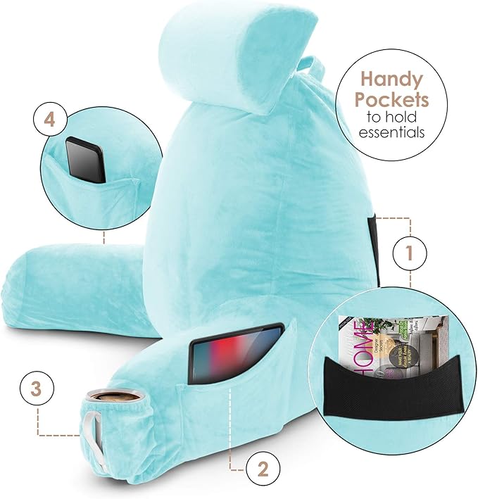 Nestl Reading Pillow Large Bed Pillow, Back Pillow for Sitting in Bed Shredded Memory Foam Chair Pillow, Reading & Bed Rest Pillows Light Blue Back Pillow for Bed, Bed Chair Arm Pillow with Pockets
