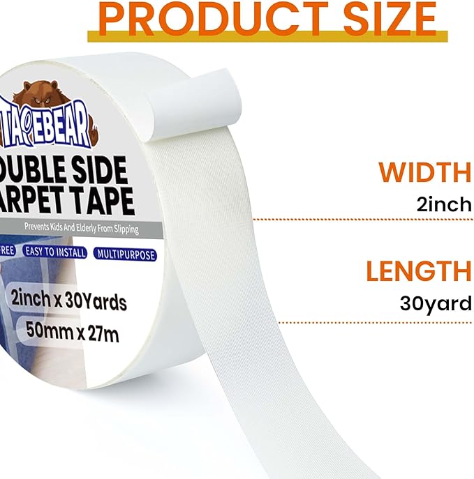 TAPEBEAR Carpet Tape Double Sided 2Inch x 30Yards, Heavy Duty Rug Gripper Anti Slip Anti Curling Floor Tape Residue-Free, Two Sided, Removable, Waterproof for Area Rugs, Mats, Strong Hold for Tile