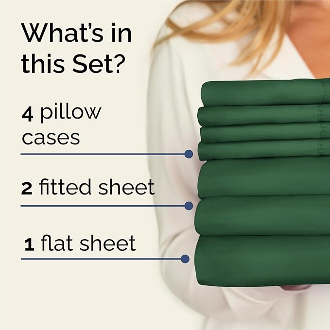 Split King Sheets Set 7 Piece - Includes 4 Pillowcases - Bed Sheets Split King - Soft Hotel Luxury Bedding - Cooling, Comfy & Breathable - 1 Flat & 2 Fitted & 4 Pillowcases w/ Deep Pockets - Emerald