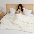 WESHIONGOO Chunky Knit Blanket Throw 40"×40" Knitted Throw Blankets for Couch Bed Fluffy Soft Blanket with Jumbo Chenille Yarn Thick 100% Handmade (Cream White)
