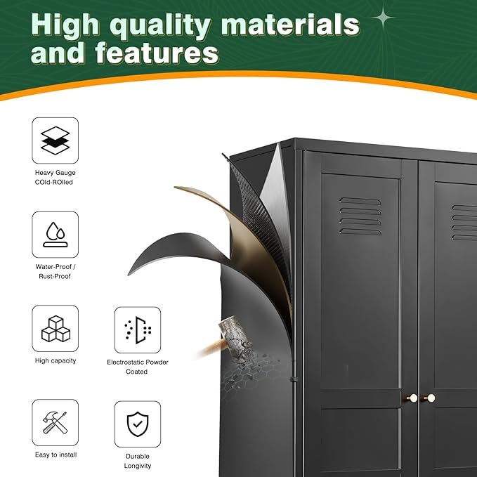 Letaya Black Storage Cabinet with Feets-Metal Home Kitchen Pantry Cabinets with Doors and Adjustable Shelves,Organization Locker for Cupboard/Bedroom/Dining/Living/Bathroom/Office/Garage Room (Black)