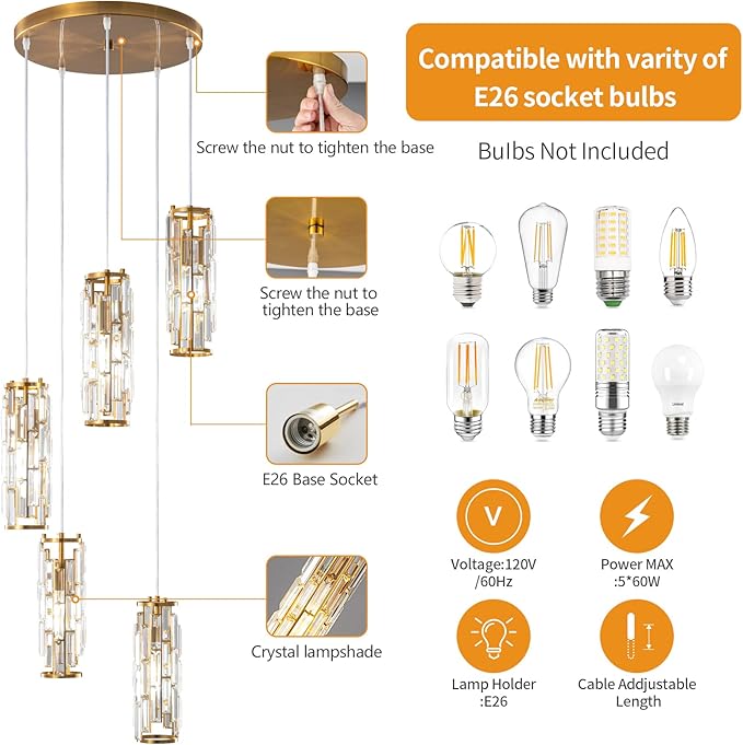 LMQNINE Pendant Light, Gold Modern Pendant Light Fixtures, Mini Crystal Chandeliers, Adjustable 5-Light Pendant Lighting for Kitchen Island Dinning Room Bedroom (Gold 5-Light)…