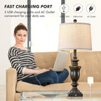 27.5" Set of 2 Farmhouse Table Lamps for Bedroom, 3 Way Dimmable Bedside Lamp with 2 USB +AC Outlet Nightstand Lamps for Living Room Resin Rustic Touch Lamps (Antique Black)
