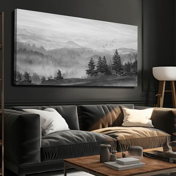 SOUGUAN Grey Pictures Wall Decor Forest Artwork Mountain Canvas Painting Landscape Wall Art Prints for Living Room Bedroom Home Hanging Decor 24x48 Inch