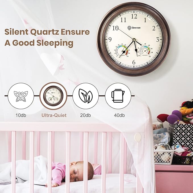 Geevon 14 Inch Retro Wall Clocks Battery Operated with Hygrometer and Thermometer Combo, Silent Wall Clock Non-Ticking Quartz Decorative for Kitchen Living Room School Bedroom