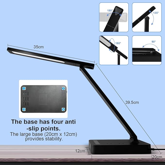 Smart Desk Lamp with 4-in-1 Charging Station (2 AC outlets, Type-C, USB-A Ports), 5 Color temperatures and 5 Brightness Levels, Adjustable gooseneck arm, Eye-Friendly Lighting for desks, bedrooms