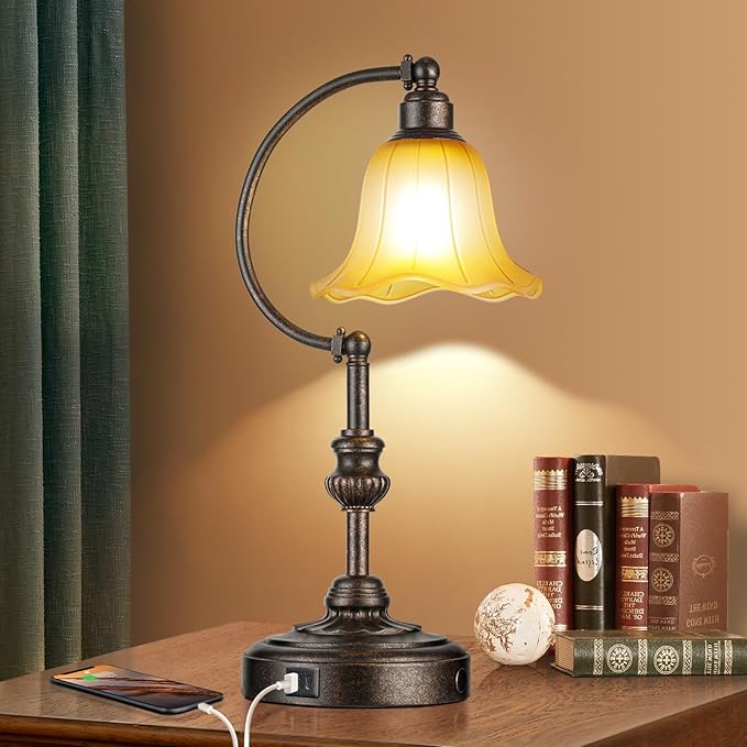 RORIA Touch Farmhouse Table Lamp for Living Room, 3-Way Dimmable Rustic Nightstand Lamp with USB A+C Ports, Vintage Retro Lamp for Bedroom End Table with Amber Glass Shade, LED Bulb Included (Bronze)