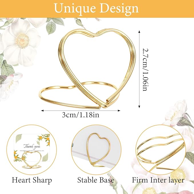 16Pcs Gold Place Card Holders,Picture Holders for Tables Heart-Shaped Table Number Holder Mini Photo Holder for Centerpiece Party Wedding
