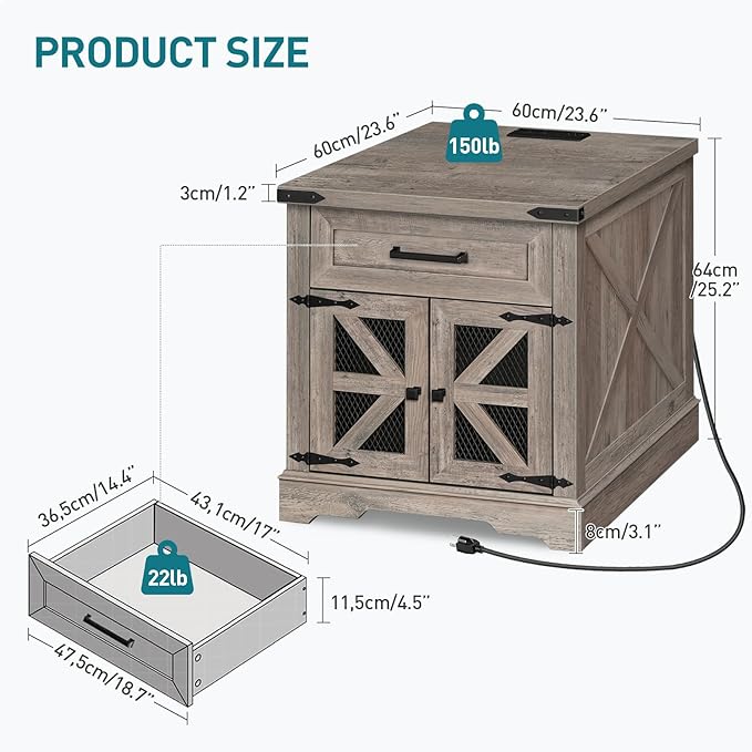 Farmhouse End Table with Charging Station, 24" Large Sofa Side Table with Drawer, Large End Table for Living Room, Wooden Nightstand with Outlet, Square, Greige