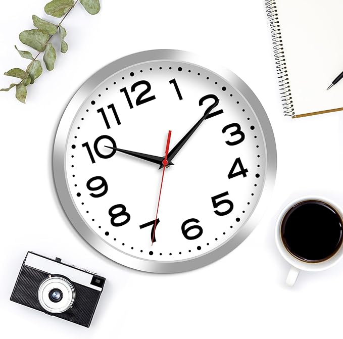 Wall Clock Silent Non-Ticking Modern Clock Battery Operated 8 Inch Small Classic Analog Decorative for Kitchen, Bathroom, Office, Bedroom, Home(Silver)