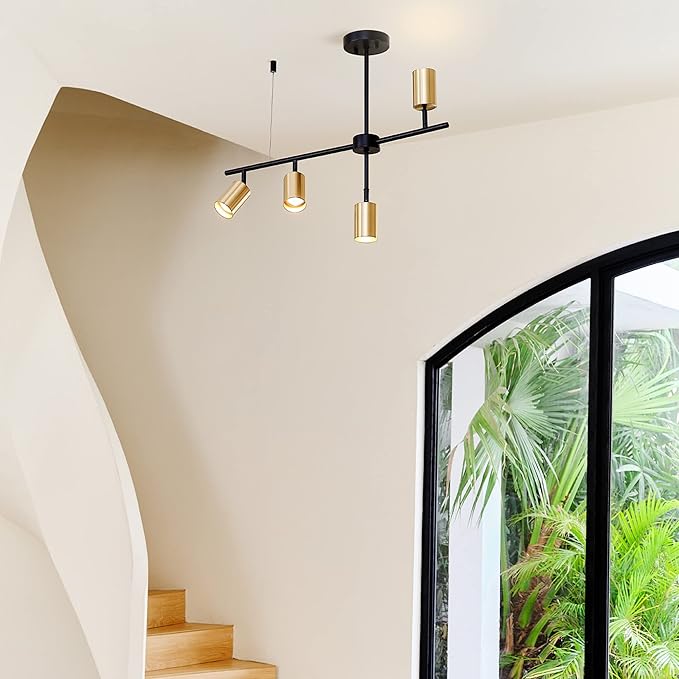 Globe Electric 64000049 4-Light Adjustable Height Geometrical Track Lighting, Matte Black, Matte Brass Accents, Ceiling Light, Pivot Shades, Track Ceiling Light, 4 Bulb Kitchen Light, GU10 Socket