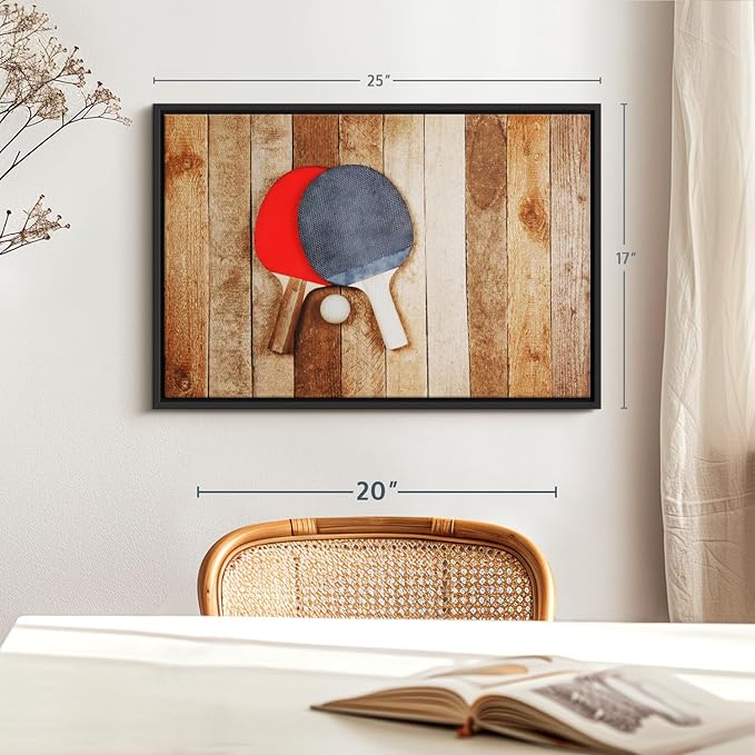ElephantStock Ping Pong Wall Art - Horizontal Framed Canvas - 1-Piece Living Room Wall Decor - Photography Canvas Print - Brown and Red Decor for Wall - 25" X 17"