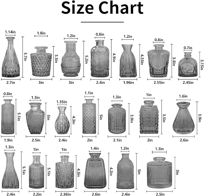20 Pcs Black Glass Bud Vases- Set Gray Small Vases for Flowers, Vintage Style Cute Glass in Bulk for Centerpieces Rustic Decorative Flower Wedding Table Home Decor