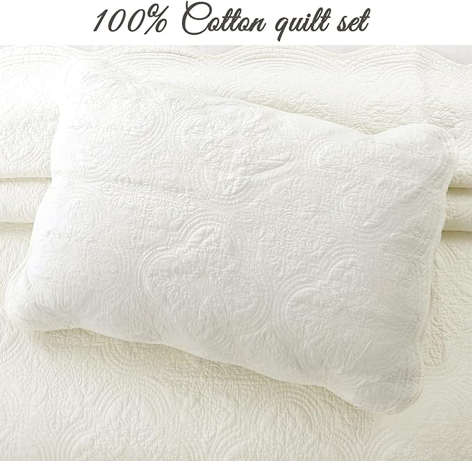 Cozy Line Home Fashions 100% Cotton Medallion Off White Matelasse Embossed Bedding Quilt Set, Reversible Lightweight Bedspread, Coverlet for All Season (Ivory, Oversized Queen - 3 Piece)