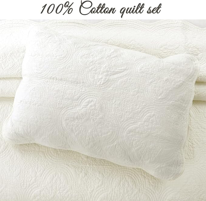Cozy Line Home Fashions 100% Cotton Medallion Off White Matelasse Embossed Bedding Quilt Set, Reversible Lightweight Bedspread, Coverlet for All Season (Blantyre - Ivory, King - 3 Piece)