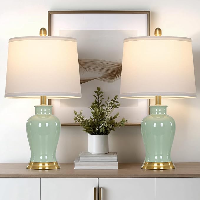 Green Ceramic Lamps Set of 2, 23" Modern Table Lamps for Living Room, Classic Bedside Lamp with Ginger Jar Design, Elegant Bedroom Lamp for Night Stand Desk Side End Table Home Decor