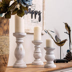 NIKKY HOME Pillar Candle Holder Set of 3 - Farmhouse Wood Candle Stand, Mantle Decor Centerpieces for Fireplace, Living or Dining Room Table, Distressed White