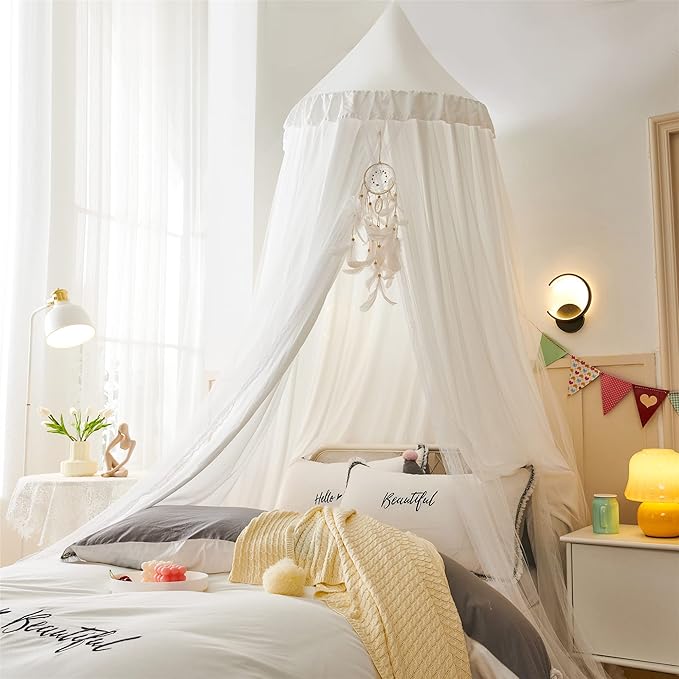 VETHIN Bed Canopy for with Lights,Double Layer Princess Round Dome Dreamy Mosquito Net Bedding Girls Room Castle Play Tent Hanging House Decor Reading Nook Canopies(White/White)