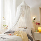 VETHIN Bed Canopy for with Lights,Double Layer Princess Round Dome Dreamy Mosquito Net Bedding Girls Room Castle Play Tent Hanging House Decor Reading Nook Canopies(White/White)