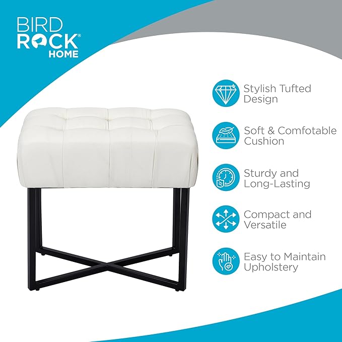 BIRDROCK HOME Rectangular Tufted Foot Stool Ottoman with Soft Padded Cushion - Versatile Vanity Chair for Bedroom, Living Room, Bathroom - Compact Seating for Adults - Cream with Black Metal Legs