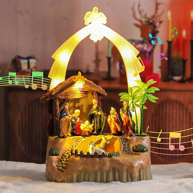 VCUTEKA Christmas Village Houses, Nativity Scene with Crystal Angel and Rotating Sheep Lighted Musical Christmas Village Collectible Building for Xmas Indoor Decorations or Holiday Table Displays