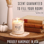 Fall Candles - 'Hello Fall Scented Candle' w/Cinnamon, Pumpkin & Fir I Infused with Essential Oils Autumn Scented Soy Candles for Home Décor, 9oz Reusable Jar, 50Hr Burn, Made in USA