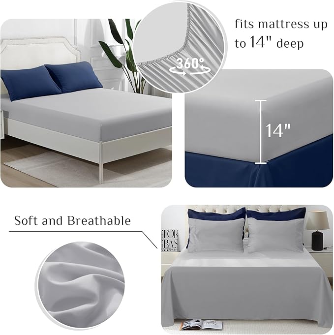 JOLLYVOGUE Full Comforter Set, Ultra-Soft Bed in a Bag Full Size 7 Pieces, Oeko-TEX Certified Bedding Set with Down Alternative Comforter, Sheets, Pillowcases & Shams, Navy Blue & Light Grey