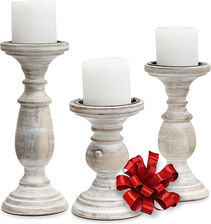 Candle Holders for Pillar Candles, Wooden Candleholders Table Centerpiece, Pillar Candle Holders Set of 3, Wood Rustic Farmhouse Fireplace White