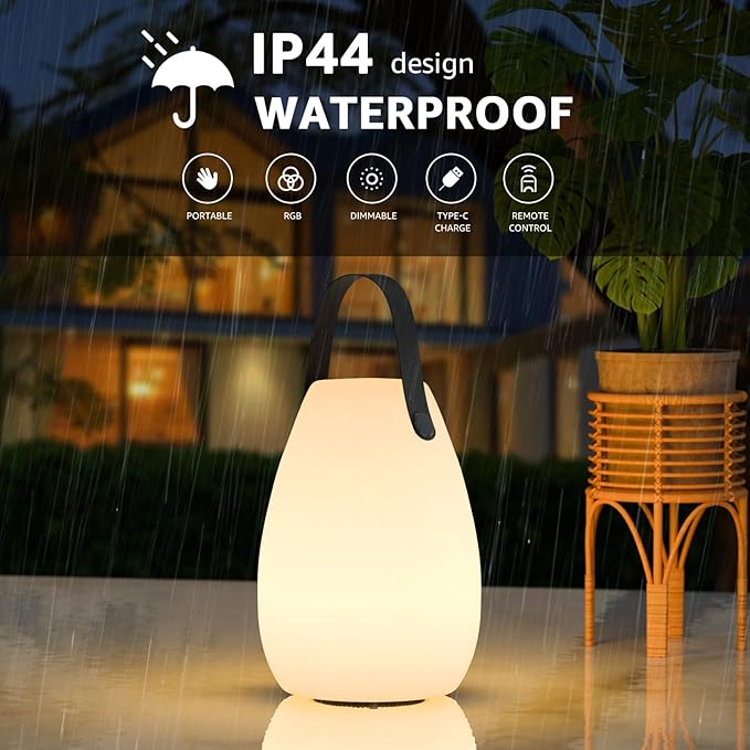 uuffoo Portable Outdoor Table Lamp - Dimmable Rechargeable Night Lights w/Remote and 7 RGB Colors, IP44 Water-Resistant Hanging Lantern for Patio, Tent, Bedroom, Garden, Emergency