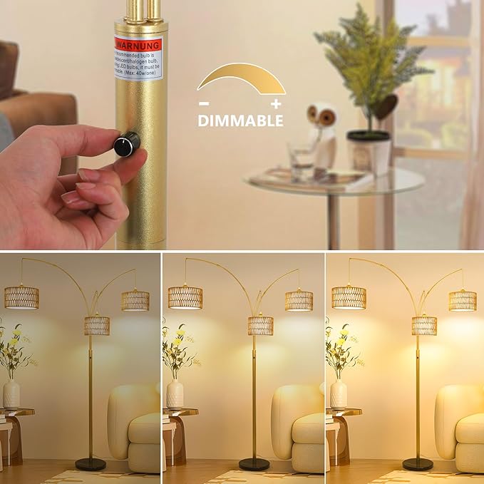 Modern Gold Floor Lamp for Bedroom, Arc Standing Lamp for Living Room, Dimmable Boho Rattan Tall Lamp, Farmhouse Floor Lamps for Office Decor, Height Adjustable Arched Lamp, Over Couch Reading Lamp