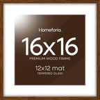 Homeforia 16x16 Brown Picture Frame, High End Dark Oak 16 x 16 Square Wood Frame with Mat 12 x 12 for Photo, 16by16 Wooden Walnut Poster Frame Matted to 12x12 Print, Tempered Glass, Wall Kit, Set of 1