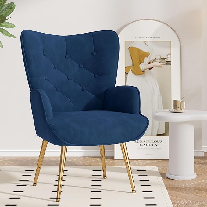 Nalupatio Mid Century Modern Velvet Accent Chair, Tufted Button High Back Chair, Upholstered Wingback Armchair with Metal Legs, High Back Side Chair for Living Room Bedroom, Blue