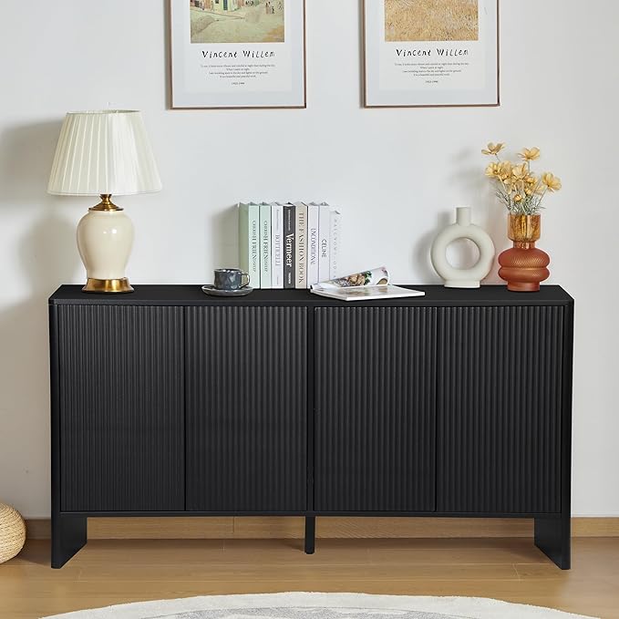 Sideboard Buffets Cabinet, Modern Accent Storage Cabinet with 4 Fluted Doors and Adjustable Shelves, Wood Credenza Buffet Sideboards, Console Table for Kitchen Dining Living Room Entryway (Black)
