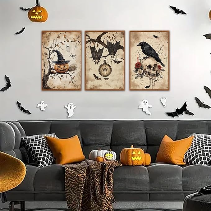 HLNIUC Vintage Halloween Decor Framed Gothic Skull Wall Art Set of 3(16”x24”) Floral Raven Crow Wall Decor,Horror Pumpkin Dark Academia Canvas Painting bats prints for Living Room Bedroom Goth Party