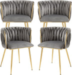 Nrizc Velvet Dining Chairs Set of 4, Woven Upholstered Dining Chairs with Gold Metal Legs, Modern Accent Chairs for Living Room, Dining Room, Kitchen (Grey)